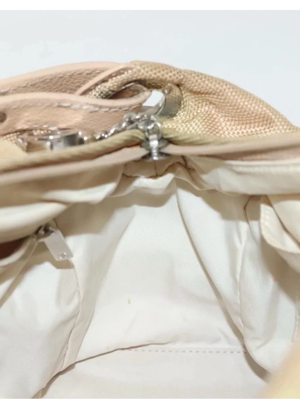👜 CHANEL Beige Champagne Coated Canvas Metallic Silver shoulder Bag Quilted Auth